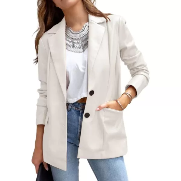 chouyatou Womens Fall Office Work Faux Leather Blazer Jacket Casual Faux Leather JacketBeige