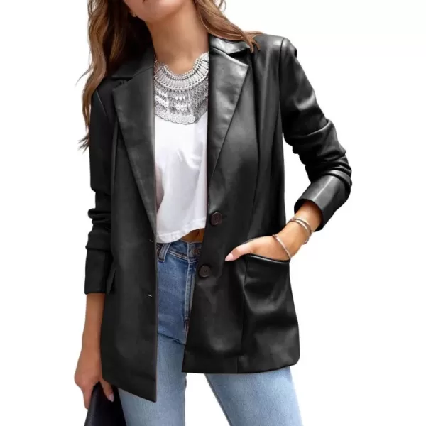 chouyatou Womens Fall Office Work Faux Leather Blazer Jacket Casual Faux Leather JacketBlack