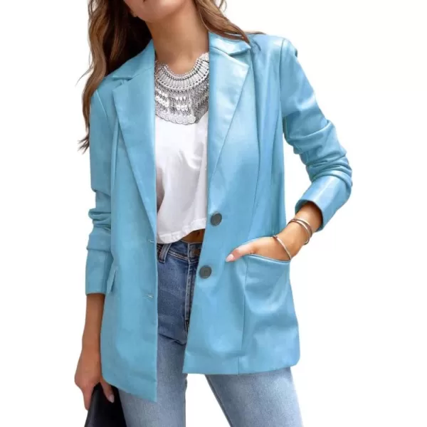 chouyatou Womens Fall Office Work Faux Leather Blazer Jacket Casual Faux Leather JacketBlue