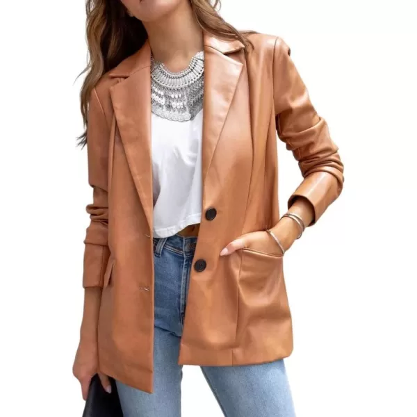 chouyatou Womens Fall Office Work Faux Leather Blazer Jacket Casual Faux Leather JacketBrown