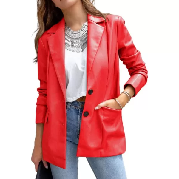 chouyatou Womens Fall Office Work Faux Leather Blazer Jacket Casual Faux Leather JacketRed