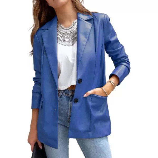 chouyatou Womens Fall Office Work Faux Leather Blazer Jacket Casual Faux Leather JacketRoyal Blue