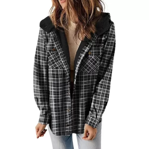 chouyatou Womens Fall Winter Sherpa Lined Plaid Jacket Loose Casual Button Down Checkered Hooded CoatBlack