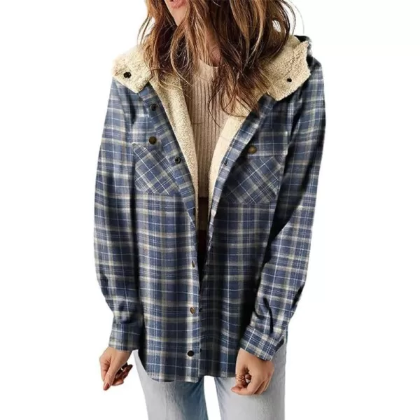 chouyatou Womens Fall Winter Sherpa Lined Plaid Jacket Loose Casual Button Down Checkered Hooded CoatBlue