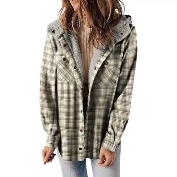 chouyatou Womens Fall Winter Sherpa Lined Plaid Jacket Loose Casual Button Down Checkered Hooded CoatGreen