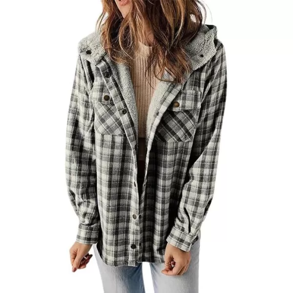 chouyatou Womens Fall Winter Sherpa Lined Plaid Jacket Loose Casual Button Down Checkered Hooded CoatGrey