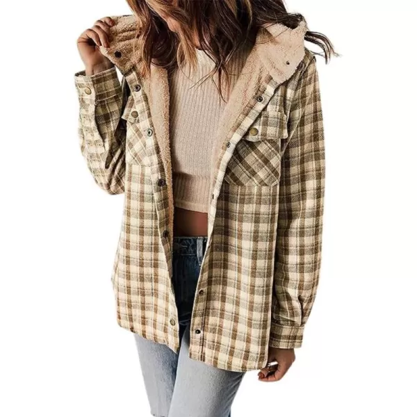 chouyatou Womens Fall Winter Sherpa Lined Plaid Jacket Loose Casual Button Down Checkered Hooded CoatKhaki
