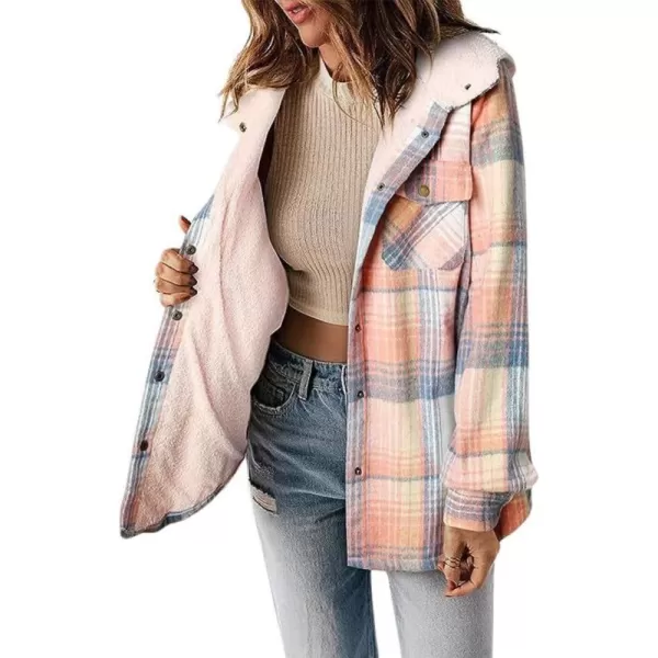 chouyatou Womens Fall Winter Sherpa Lined Plaid Jacket Loose Casual Button Down Checkered Hooded CoatPink