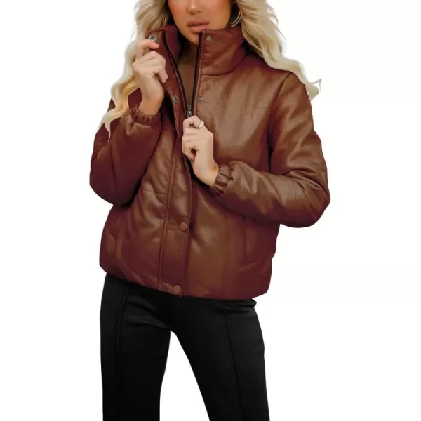 chouyatou Womens Faux Leather Puffer Jacket Long Sleeve Stand Collar Crop Winter CoatBrown