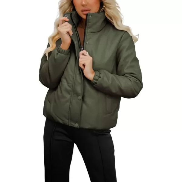 chouyatou Womens Faux Leather Puffer Jacket Long Sleeve Stand Collar Crop Winter CoatOlive Green