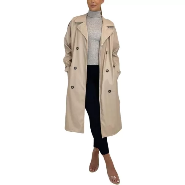 chouyatou Womens Faux Leather Trench Coat Lapel Double Breasted Pu Leather Long Jacket with BeltApricot