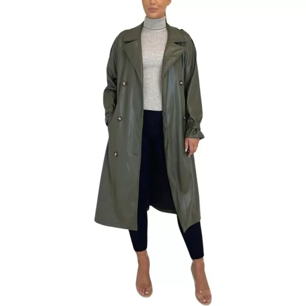 chouyatou Womens Faux Leather Trench Coat Lapel Double Breasted Pu Leather Long Jacket with BeltArmy Green