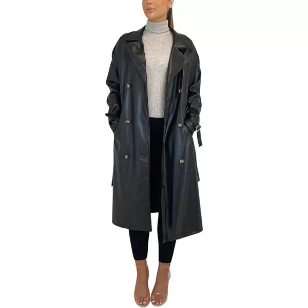 chouyatou Womens Faux Leather Trench Coat Lapel Double Breasted Pu Leather Long Jacket with BeltBlack