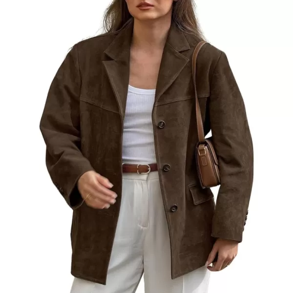chouyatou Womens Faux Suede Blazer Jacket Notched Lapel Single Breasted Faux Suede Leather Suit JacketCoffee Brown