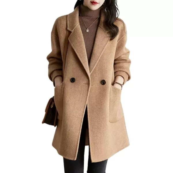 chouyatou Womens Notch Lapel Herringbone Wool Coat Formal Office Work Double Breasted Winter Pea CoatCamel