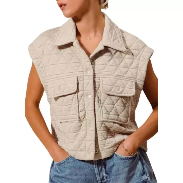 chouyatou Womens Oversized Button Up Puffer Vest Jacket Quilted Lightweight Winter Padded Coat TopsBeige