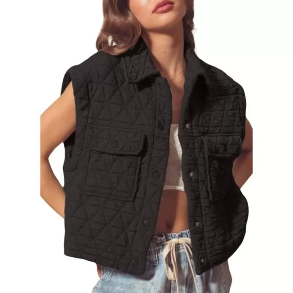 chouyatou Womens Oversized Button Up Puffer Vest Jacket Quilted Lightweight Winter Padded Coat TopsBlack