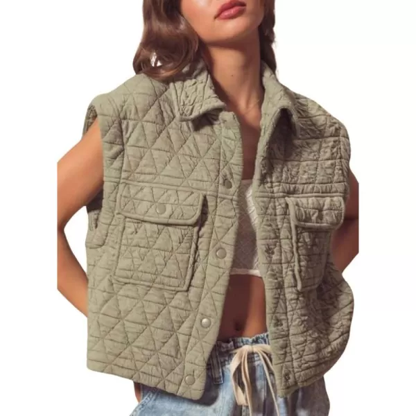 chouyatou Womens Oversized Button Up Puffer Vest Jacket Quilted Lightweight Winter Padded Coat TopsGreen