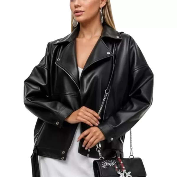 chouyatou Womens Oversized Pu Faux Leather Jacket Notch Lapel Collar Moto Biker Short Jacket CoatBlack