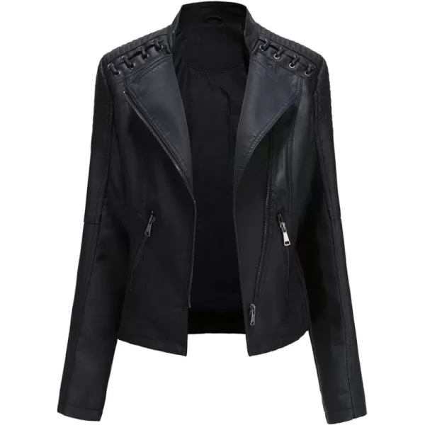 chouyatou Womens String Quilted Shoulder Oblique Zip Moto Pu Leather Biker JacketBlack