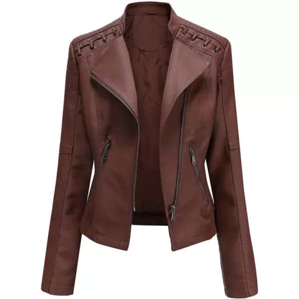 chouyatou Womens String Quilted Shoulder Oblique Zip Moto Pu Leather Biker JacketCoffee
