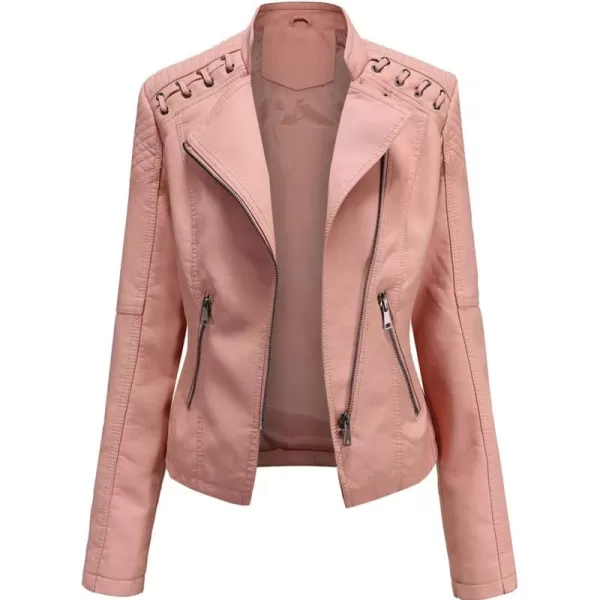 chouyatou Womens String Quilted Shoulder Oblique Zip Moto Pu Leather Biker JacketPink
