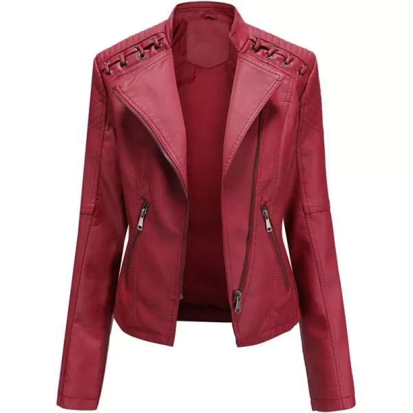 chouyatou Womens String Quilted Shoulder Oblique Zip Moto Pu Leather Biker JacketRed