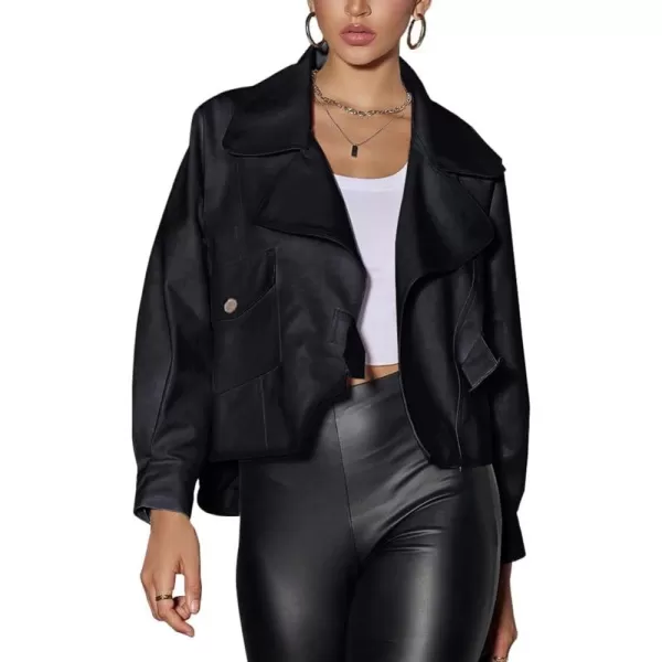 chouyatou Womens Vintage Pu Faux Leather Jacket Oversized Notch Lapel Collar Cropped Short Jacket CoatBlack