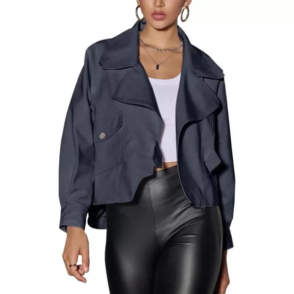 chouyatou Womens Vintage Pu Faux Leather Jacket Oversized Notch Lapel Collar Cropped Short Jacket CoatNavy Blue