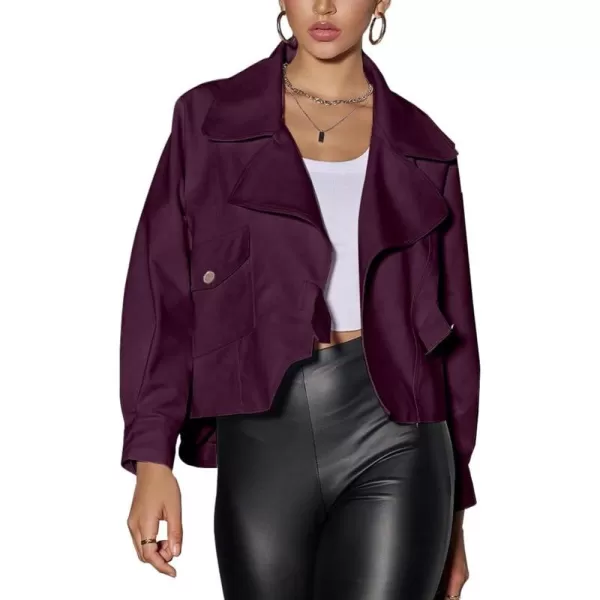 chouyatou Womens Vintage Pu Faux Leather Jacket Oversized Notch Lapel Collar Cropped Short Jacket CoatPurple