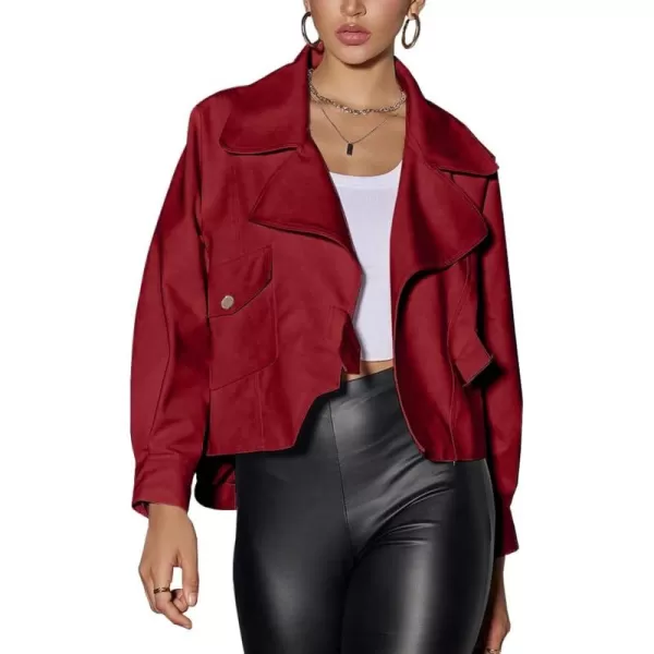 chouyatou Womens Vintage Pu Faux Leather Jacket Oversized Notch Lapel Collar Cropped Short Jacket CoatWine Red