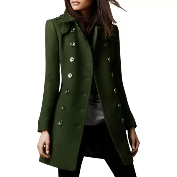 chouyatou Womens Winter Double Breasted Wool Coat Elegant Collared Wool Blend Trench Pea CoatArmy Green