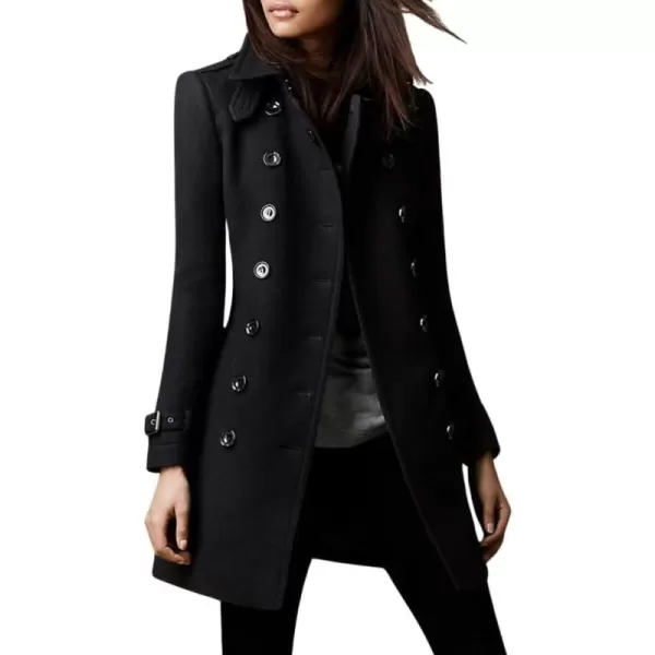 chouyatou Womens Winter Double Breasted Wool Coat Elegant Collared Wool Blend Trench Pea CoatBlack