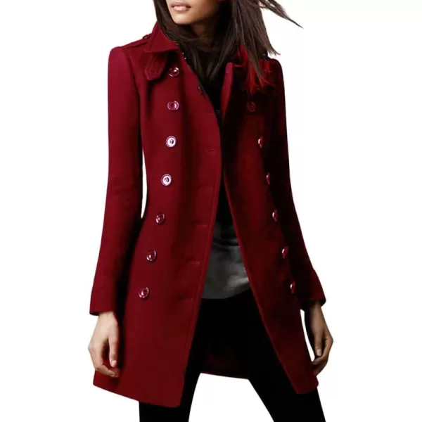 chouyatou Womens Winter Double Breasted Wool Coat Elegant Collared Wool Blend Trench Pea CoatWine Red
