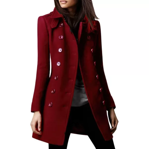 chouyatou Womens Winter Double Breasted Wool Coat Office Work Long Wool Blend Pea Coat OvercoatRed