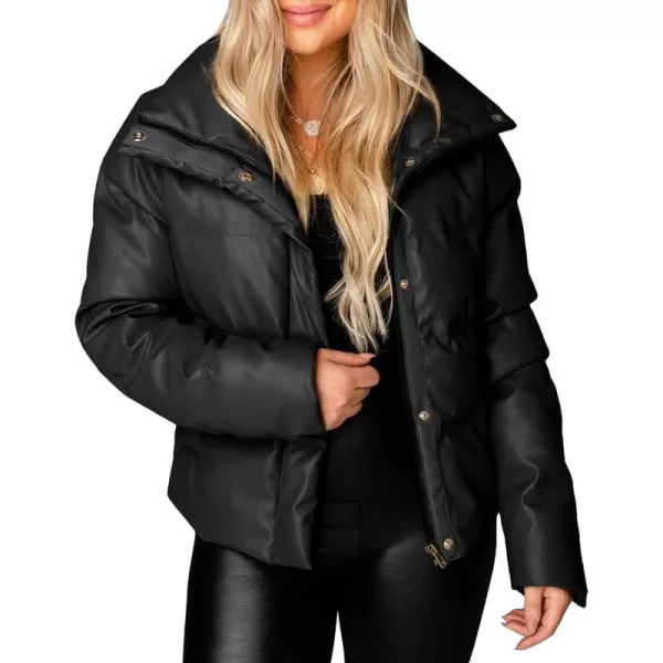 chouyatou Womens Winter Faux Leather Puffer Jacket Cropped Windproof Long Sleeve Zip Up CoatBlack