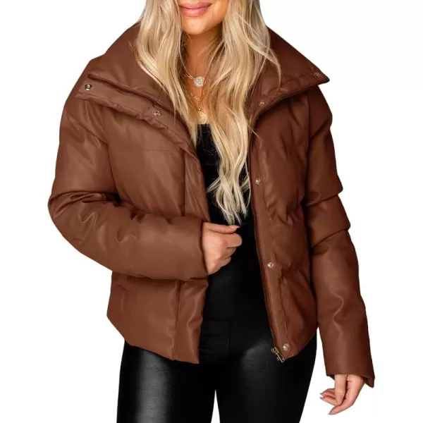chouyatou Womens Winter Faux Leather Puffer Jacket Cropped Windproof Long Sleeve Zip Up CoatDark Brown