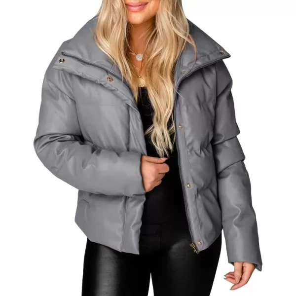 chouyatou Womens Winter Faux Leather Puffer Jacket Cropped Windproof Long Sleeve Zip Up CoatGrey