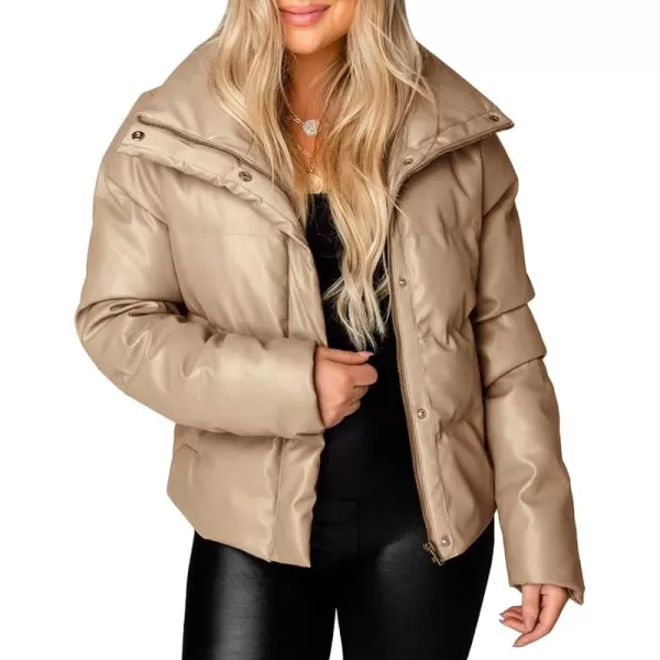 chouyatou Womens Winter Faux Leather Puffer Jacket Cropped Windproof Long Sleeve Zip Up CoatKhaki