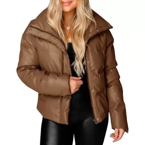 chouyatou Womens Winter Faux Leather Puffer Jacket Cropped Windproof Long Sleeve Zip Up CoatLight Brown