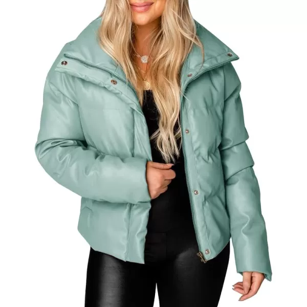 chouyatou Womens Winter Faux Leather Puffer Jacket Cropped Windproof Long Sleeve Zip Up CoatMint Green