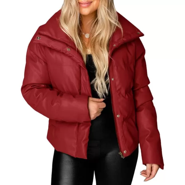 chouyatou Womens Winter Faux Leather Puffer Jacket Cropped Windproof Long Sleeve Zip Up CoatRed