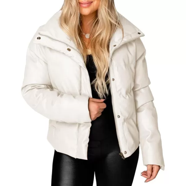 chouyatou Womens Winter Faux Leather Puffer Jacket Cropped Windproof Long Sleeve Zip Up CoatWhite