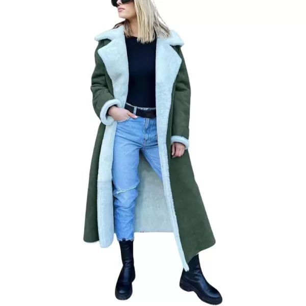 chouyatou Womens Winter Lapel Faux Suede Leather Jacket Double Breasted Sherpa Fleece Long Trench CoatArmy Green