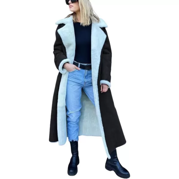chouyatou Womens Winter Lapel Faux Suede Leather Jacket Double Breasted Sherpa Fleece Long Trench CoatBlack