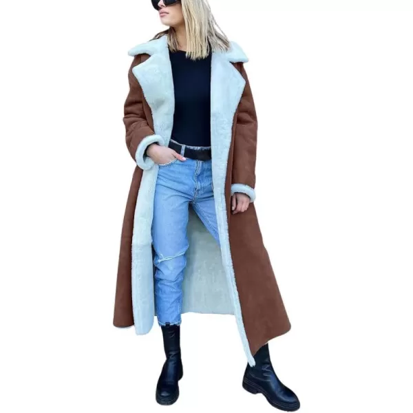 chouyatou Womens Winter Lapel Faux Suede Leather Jacket Double Breasted Sherpa Fleece Long Trench CoatBrown