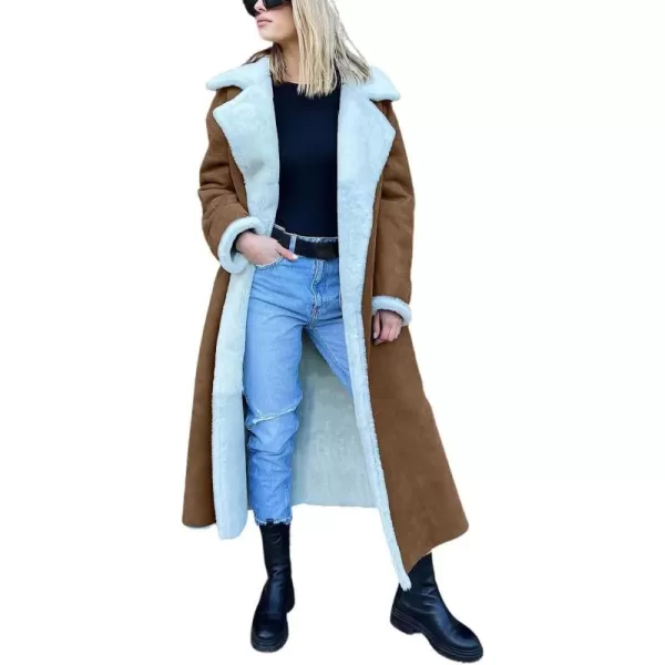 chouyatou Womens Winter Lapel Faux Suede Leather Jacket Double Breasted Sherpa Fleece Long Trench CoatCamel