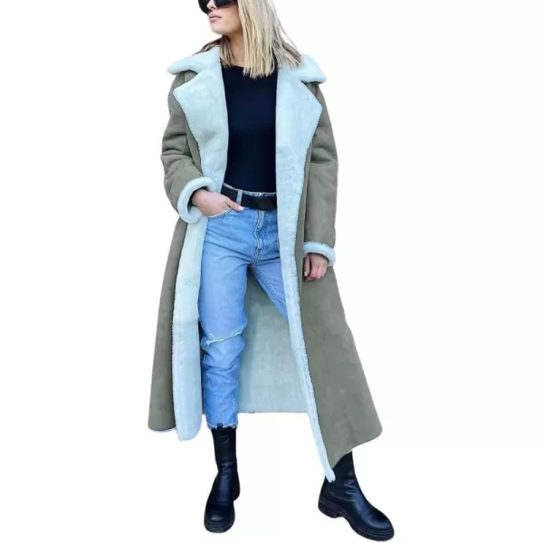 chouyatou Womens Winter Lapel Faux Suede Leather Jacket Double Breasted Sherpa Fleece Long Trench CoatDusty Green
