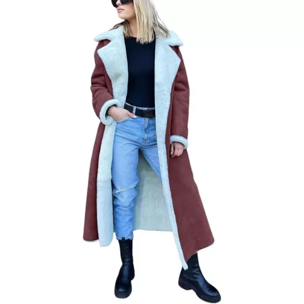 chouyatou Womens Winter Lapel Faux Suede Leather Jacket Double Breasted Sherpa Fleece Long Trench CoatWine Red