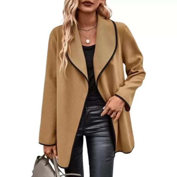 chouyatou Womens Winter Shawl Collar Wool Coat Open Front Wool Blend Pea Trench CoatKhaki
